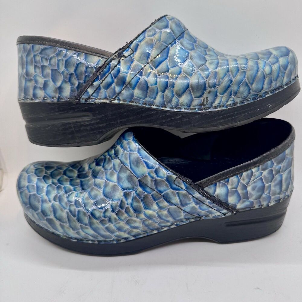 Dansko Blue Crocodile Print Clogs